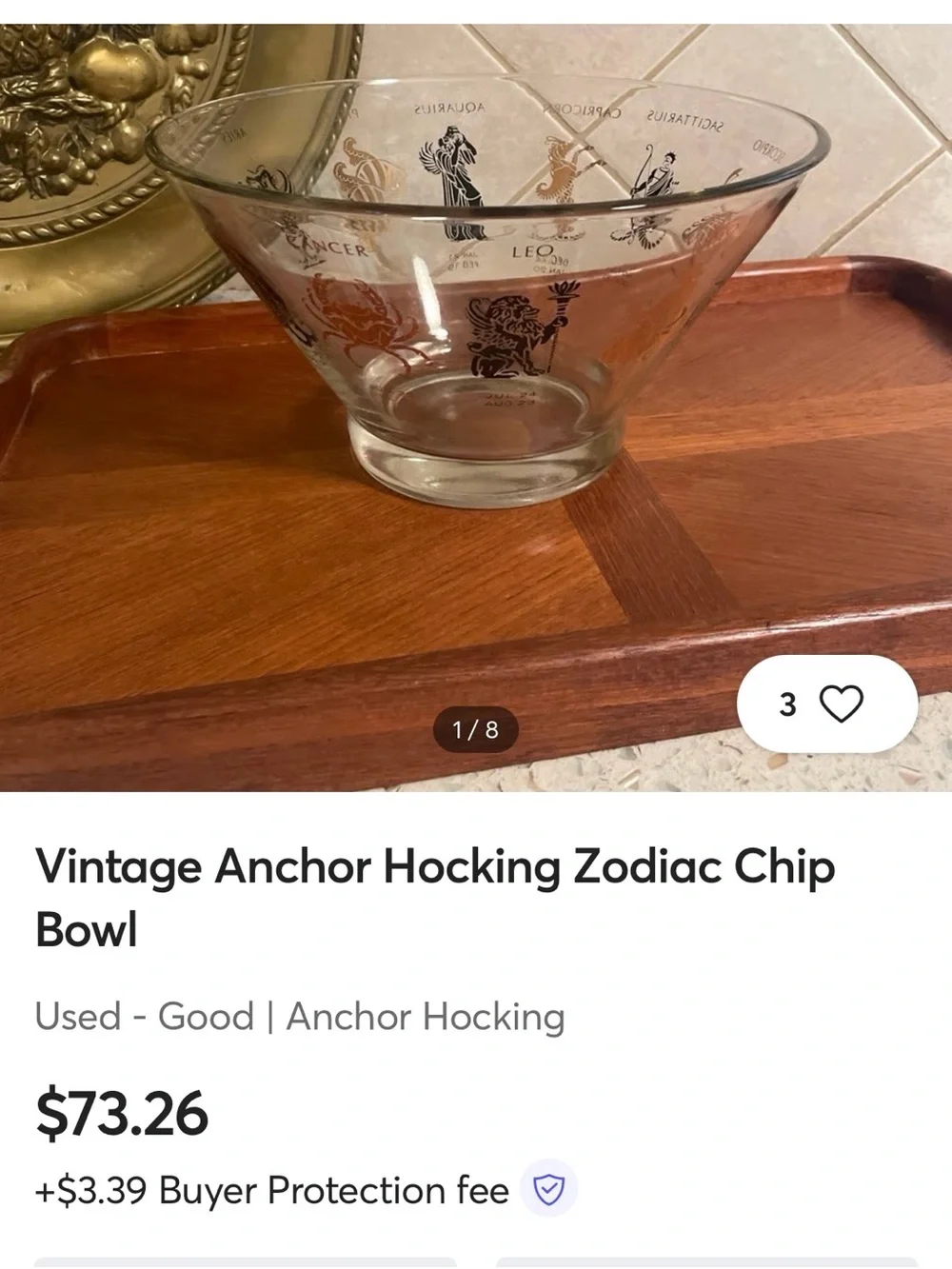 Anchor Hocking Zodiac / astrological chip bowl or salad bowl. 1960s